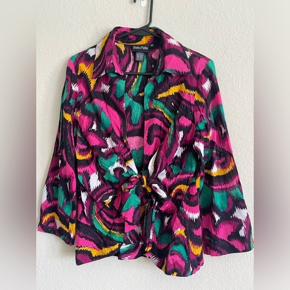 BellaPelle woman front tie blouse size M colorful abstract 100% cotton sexy open - Picture 5 of 9